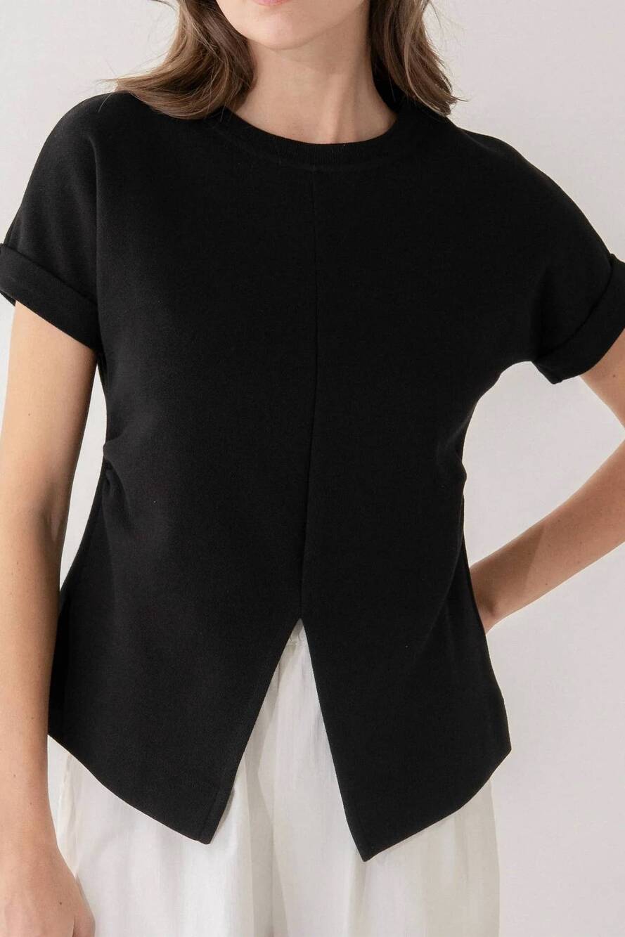 NEW ELLE GREY women's asymmetric short sleeve top in black
